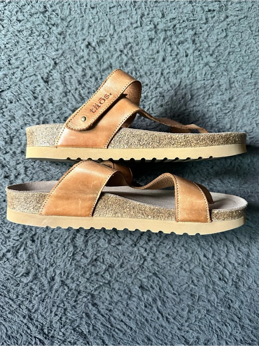 Taos Lola Leather Thong Sandals in Cognac Cork Platform Size 8/8.5